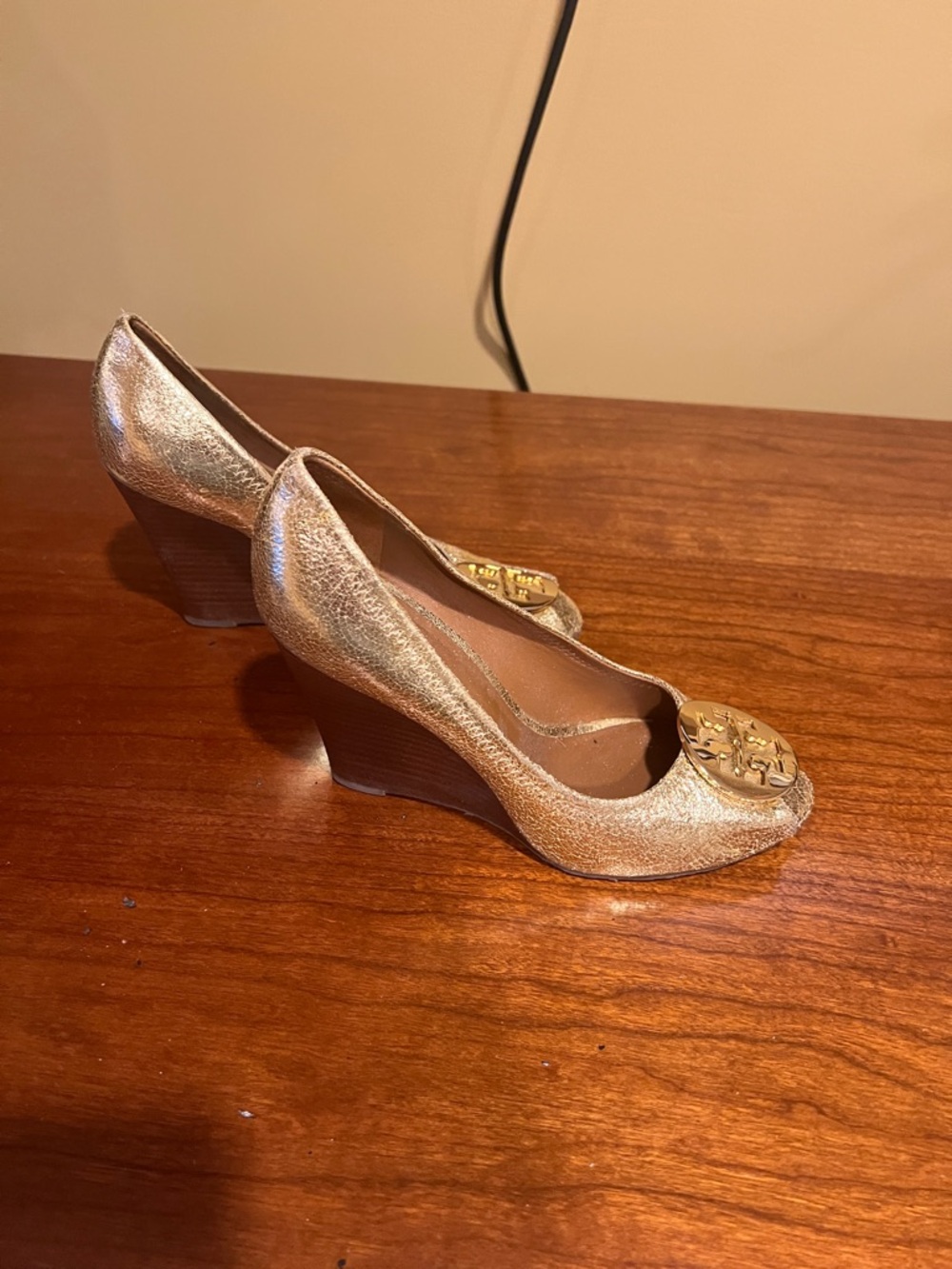 Tory Burch Gold Metallic Wedge Heels with Logo Emblem